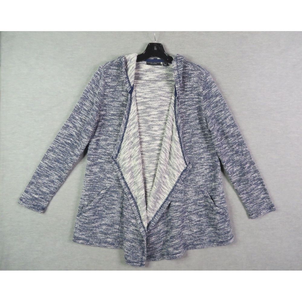 Susan Graver Womens Cardigan‎ Small Blue Knit Heathered Hooded Open Weekend